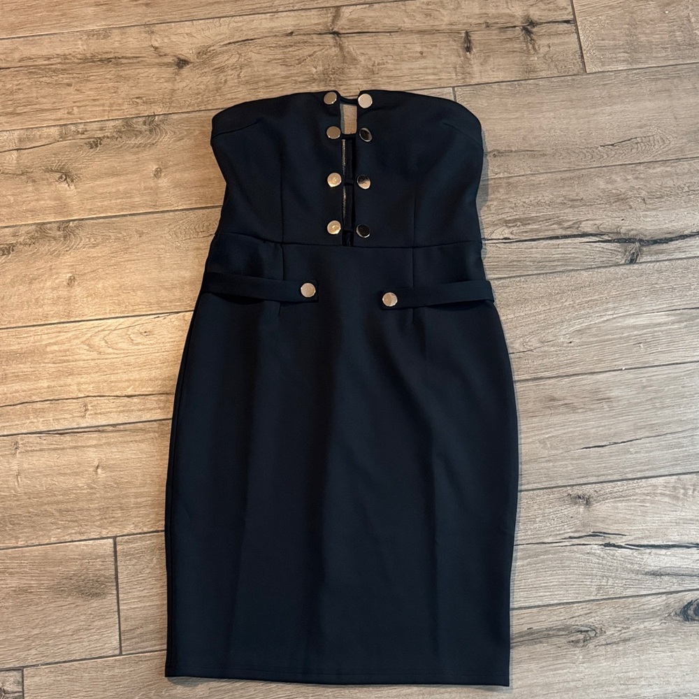 Strapless Sexy Black Dress with Gold Button Accents